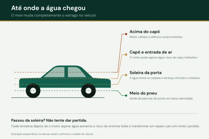 Ilustração de um carro de perfil com quatro níveis de água marcados: meio do pneu, soleira da porta, capô e acima do capô